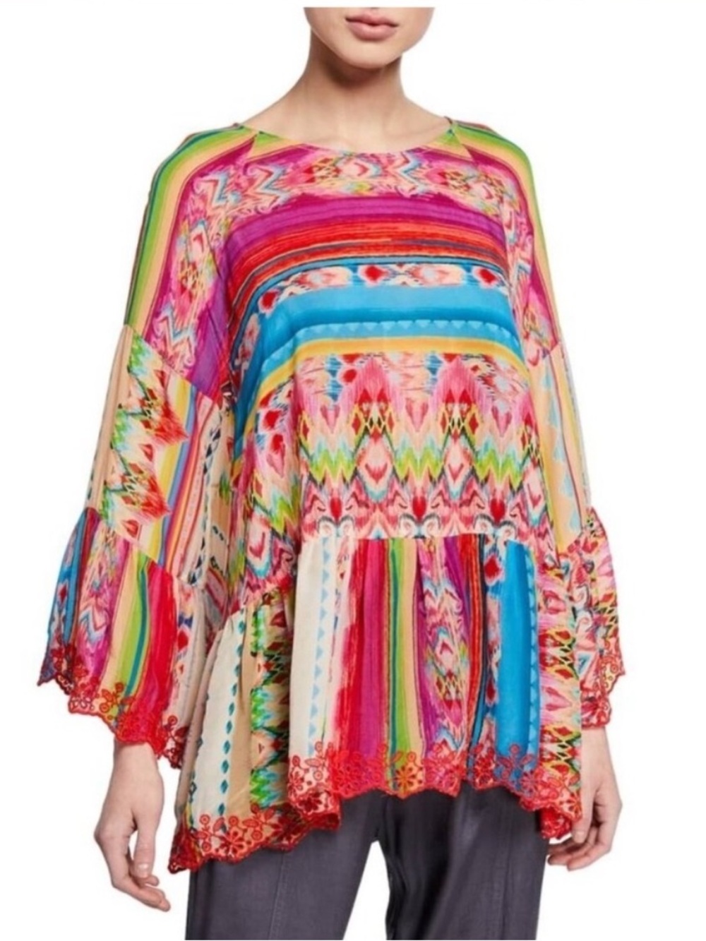 Johnny Was Colorful Ikat Stripe Tunic - Pink Blue Green Boho Top